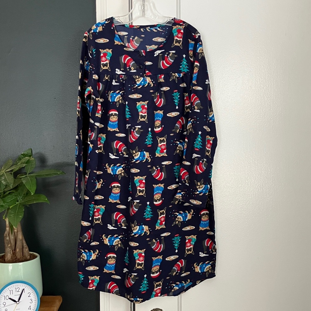Lands’ End Girls Navy Flannel Holiday Nightgown Dog / Pug Print Size 8